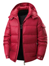 Men’s red quilted hooded puffer jacket with silver zippers button details plus size with side zipper pockets