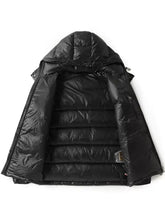Men’s full size black hooded puffer jacket with quilted design and side zipper pockets for plus size wear