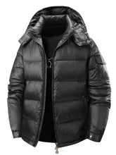 Men’s full size black hooded puffer jacket with shiny quilted exterior and attached hood plus side zipper pockets
