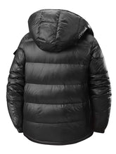 Men’s full size black hooded puffer jacket with horizontal stitching and side zipper pockets in plus size