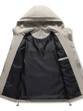 Beige jacket plus size with hood, black interior lining, and adjustable drawstrings for windproof outdoor use