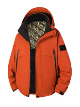 Men’s full size hooded winter jacket plus in vibrant orange with black accents and quilted insulated lining