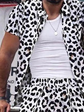 Men’s full size black and white leopard print short-sleeved button-up shirt in plus size material blend