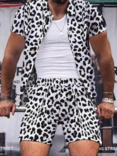 Men’s full size leopard button up shirt and shorts set plus size featuring black and white leopard print short-sleeved shirt