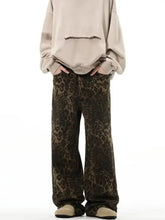 Men’s full size wide leg jeans in soft draping brown leopard print fabric with a relaxed fit for plus size wear