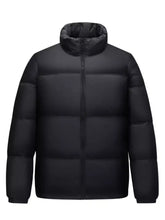 Men’s black size lightweight packable zip up puffer jacket with high collar and quilted design for plus size