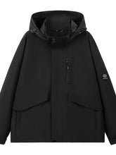 Black hooded windbreaker jacket with sleek modern design and subtle branding on sleeve long sleeve hooded plus size