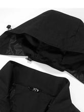 Men’s full size long sleeve hooded windbreaker jacket in black with smooth water-resistant shell and reflective stitching