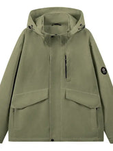 Men’s olive green size long sleeve hooded windbreaker jacket with black zipper and circular logo patch on left sleeve