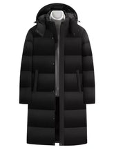 Men’s black quilted down coat with hood and front zipper in size longline hooded design for plus size wear