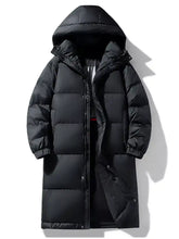 Men’s black quilted down coat with hood and elastic cuffs in size longline hooded style for plus size wear