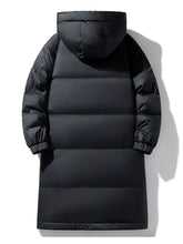 Men’s black puffer size longline hooded down coat with horizontal stitching and a hood for plus size wearers