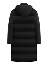 Men’s full size longline hooded black puffer coat with horizontal stitching and hood for cold weather wear