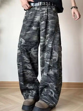 Men’s loose fit camo cargo jeans in black and gray with multiple pockets designed for full size comfort and durability