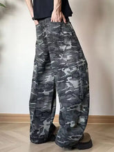 Men’s full size loose fit camo cargo jeans in dark gray and black with multiple pockets and durable fabric