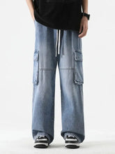 Men’s light-wash denim cargo jeans with multiple flap pockets and drawstring waistband size loose fit cargo design