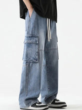 Men’s light-wash denim cargo jeans with multiple pockets and drawstring waistband size loose fit cargo style