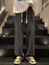 Men’s dark gray corduroy loose fit wide-leg jeans plus size with white drawstring for comfortable wear