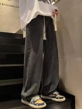Men’s dark gray loose fit wide-leg jeans plus size with relaxed fit and white drawstring waistband