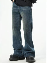 Men’s full size loose fit dark-wash denim jeans with relaxed straight-leg cut and subtle fading for plus size comfort