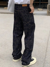 Men’s dark denim loose fit jeans with intricate white floral scroll pattern in full size plus size fit jeans
