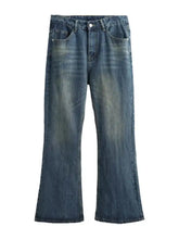 Men’s full size loose fit jeans plus size dark-wash denim flare jeans with slightly faded and distressed look