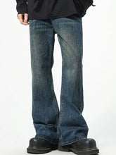 Men’s full size loose fit dark-wash denim jeans with flared leg cut and subtle fading in plus size design
