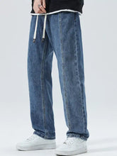 Men’s blue denim loose-fit straight-leg jeans with relaxed fit and white drawstring waistband plus size
