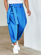 Mens full size mid rise cropped pants plus size in bright blue with tied waistband