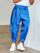 Mens bright blue pleated mid rise cropped pants plus size with self-tie belt