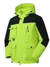 Men’s neon green and black plus size hooded jacket with multi pocket design and waterproof long sleeves for hiking