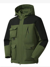 Men’s plus size olive green and black waterproof hooded jacket with multi pocket design for hiking and outdoor use