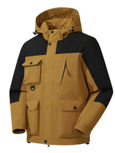 Men’s plus size tan and black color-blocked hooded jacket with multiple pockets and button closures for outdoor use