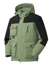 Men’s plus size olive green and black two-tone hooded jacket with multiple pockets and waterproof fabric