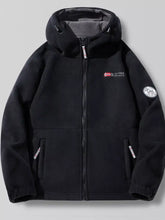 Men’s full size outdoor fleece hooded jacket in black with zippered front, side pockets, and embroidered branding