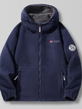 Men’s dark navy blue outdoor fleece hooded jacket with soft lining and embroidered branding on chest and sleeve