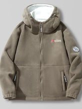 Men’s beige outdoor fleece hooded jacket with white-lined interior, front zipper, embroidered chest logo, plus size