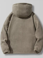 Beige men’s full size outdoor fleece hooded jacket with soft textured interior lining and ribbed cuffs