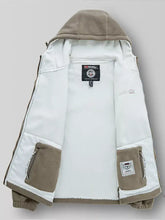 Men’s full size outdoor fleece hooded jacket in white and beige with fleece lining and zippered side pockets