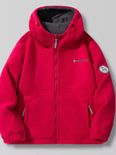 Men’s red outdoor fleece hooded jacket with gray-lined interior and embroidered branding on chest and sleeve