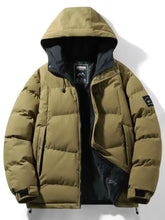 Men’s olive green outdoor padded hooded jacket with black inner lining and sleeve patch in plus size full fit