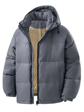 Men’s full size padded hooded puffer jacket plus size in gray with quilted design and gold-toned honeycomb lining
