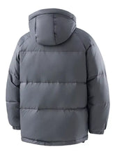 Gray hooded puffer jacket plus size with full size padded design and horizontal stitching for men’s winter wear