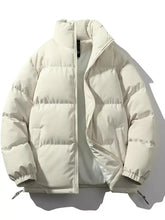 Cream-colored men’s full size padded zip puffer jacket plus size with quilted design and elastic cuffs