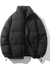 Men’s black puffer jacket plus size with high collar quilted design and drawstrings at the cuffs size padded zip