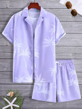 Men’s full size light purple short-sleeved button-up shirt with white palm tree print for plus size wear