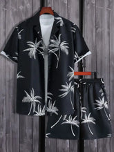 Men’s full size black palm print button up shirt and matching shorts set in plus size cotton fabric