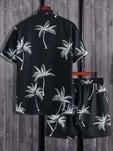 Men’s full size black short-sleeved hawaiian shirt and matching shorts set with white palm tree prints plus size