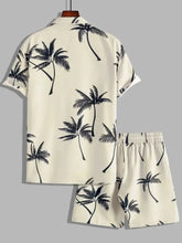 Men’s full size cream-colored short-sleeved hawaiian shirt and shorts set with black palm tree print in plus size