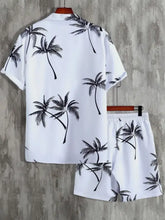 Men’s full size white short-sleeved Hawaiian shirt and shorts set with black palm tree print in plus size